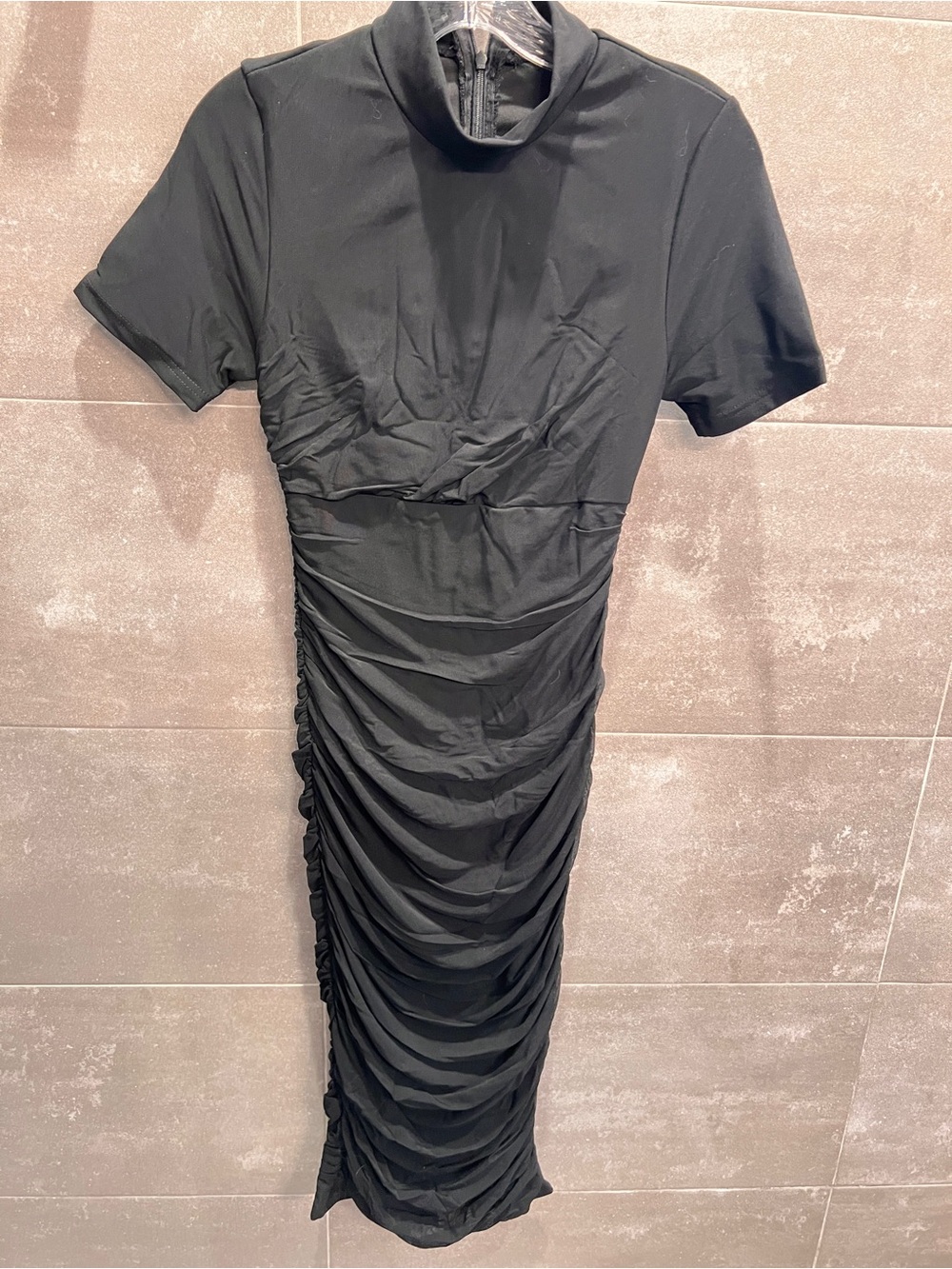 Black Ruched Short-Sleeve Midi Dress